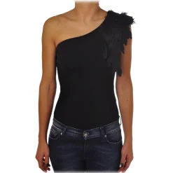 Elisabetta Franchi Tops-- One-shoulder Body with Applications - Black - Top - Made in Italy - Luxury Exclusive Collection - Avvenice