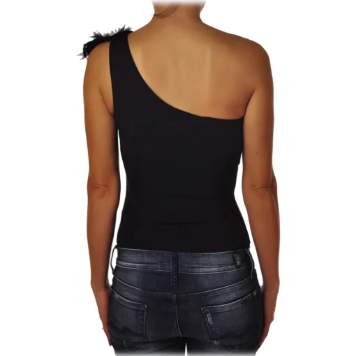 Elisabetta Franchi Tops-- One-shoulder Body with Applications - Black - Top - Made in Italy - Luxury Exclusive Collection - Avvenice