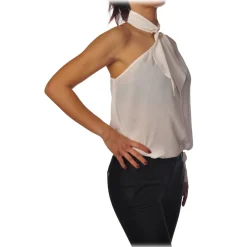 Elisabetta Franchi Shirts-- One-Shoulder Shirt with Tie - Ivory - Shirt - Made in Italy - Luxury Exclusive Collection - Avvenice