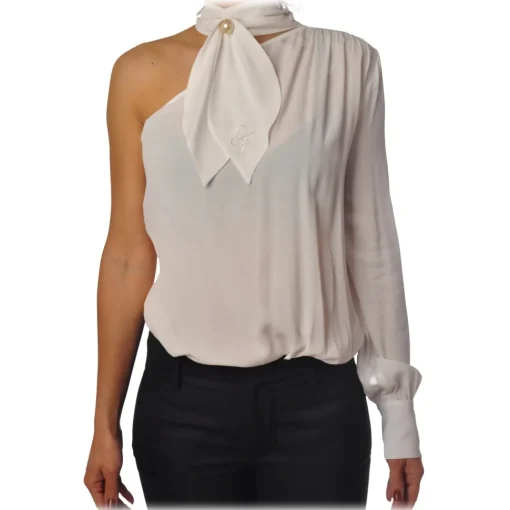 Elisabetta Franchi Shirts-- One-Shoulder Shirt with Tie - Ivory - Shirt - Made in Italy - Luxury Exclusive Collection - Avvenice