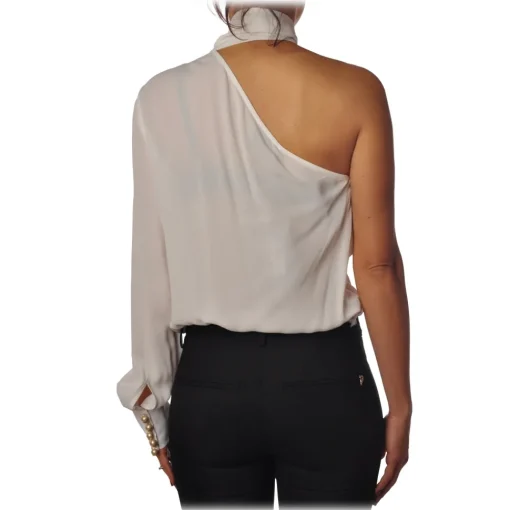Elisabetta Franchi Shirts-- One-Shoulder Shirt with Tie - Ivory - Shirt - Made in Italy - Luxury Exclusive Collection - Avvenice