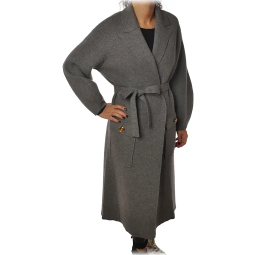 Elisabetta Franchi Jackets-- Oversize Coat with Two Patch - Grey - Jacket - Made in Italy - Luxury Exclusive Collection - Avvenice