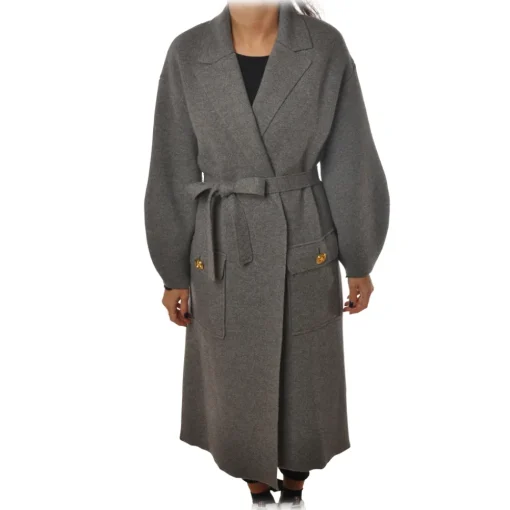 Elisabetta Franchi Jackets-- Oversize Coat with Two Patch - Grey - Jacket - Made in Italy - Luxury Exclusive Collection - Avvenice