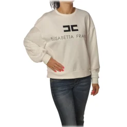 Elisabetta Franchi Sweatshirts-- Oversized Sweatshirt with Logo - Ivory - Sweatshirt - Made in Italy - Luxury Exclusive Collection - Avvenice