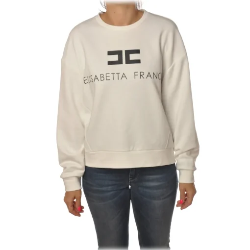 Elisabetta Franchi Sweatshirts-- Oversized Sweatshirt with Logo - Ivory - Sweatshirt - Made in Italy - Luxury Exclusive Collection - Avvenice