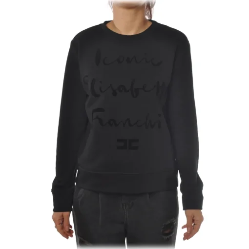 Elisabetta Franchi Sweatshirts-- Oversize Sweatshirt in Cotton - Black - Sweatshirt - Made in Italy - Luxury Exclusive Collection - Avvenice