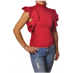 Elisabetta Franchi Tops-- Ribbed Top with Scallop - Red - Top - Made in Italy - Luxury Exclusive Collection - Avvenice