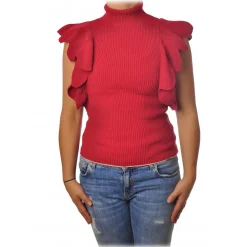Elisabetta Franchi Tops-- Ribbed Top with Scallop - Red - Top - Made in Italy - Luxury Exclusive Collection - Avvenice