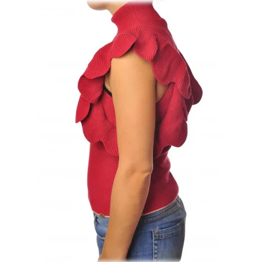 Elisabetta Franchi Tops-- Ribbed Top with Scallop - Red - Top - Made in Italy - Luxury Exclusive Collection - Avvenice