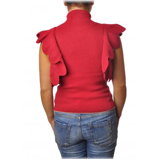 Elisabetta Franchi Tops-- Ribbed Top with Scallop - Red - Top - Made in Italy - Luxury Exclusive Collection - Avvenice