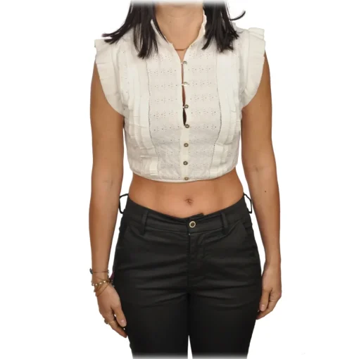 Elisabetta Franchi Tops-- Sangallo Lace Crop Top - White - Top - Made in Italy - Luxury Exclusive Collection - Avvenice