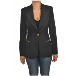 Elisabetta Franchi Jackets-- Screwed Jacket with Gold Details - Black - Jacket - Made in Italy - Luxury Exclusive Collection - Avvenice
