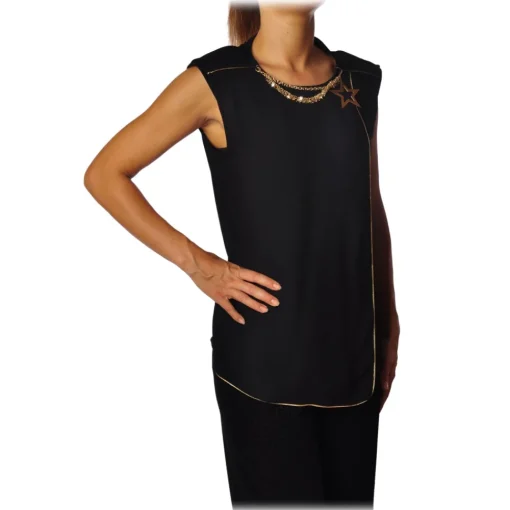 Elisabetta Franchi Tops-- Shirt with Star Necklace - Black - Top - Made in Italy - Luxury Exclusive Collection - Avvenice
