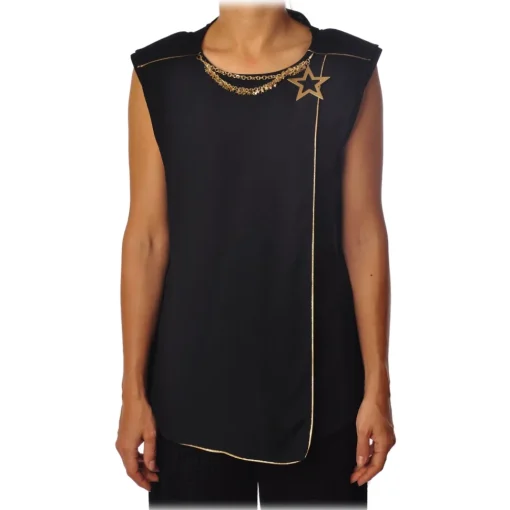Elisabetta Franchi Tops-- Shirt with Star Necklace - Black - Top - Made in Italy - Luxury Exclusive Collection - Avvenice
