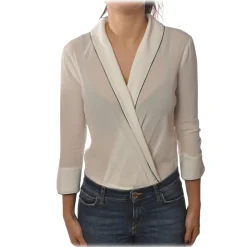Elisabetta Franchi Shirts-- Shirt with 3/4 Sleeve - White - Shirt - Made in Italy - Luxury Exclusive Collection - Avvenice