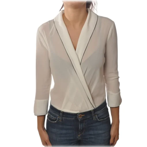 Elisabetta Franchi Shirts-- Shirt with 3/4 Sleeve - White - Shirt - Made in Italy - Luxury Exclusive Collection - Avvenice