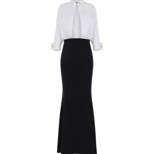 Elisabetta Franchi Jackets|Dresses-- Shirt and Mermaid Skirt Dress - White/Black - Dress - Made in Italy - Luxury Exclusive Collection - Avvenice