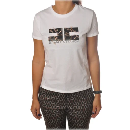 Elisabetta Franchi T-shirt-- Short Sleeve Round Neck T-Shirt - Chalk - T-Shirt - Made in Italy - Luxury Exclusive Collection - Avvenice