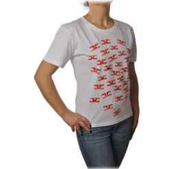 Elisabetta Franchi T-shirt-- Short Sleeve Round Neck T-Shirt Logo - White - T-Shirt - Made in Italy - Luxury Exclusive Collection - Avvenice