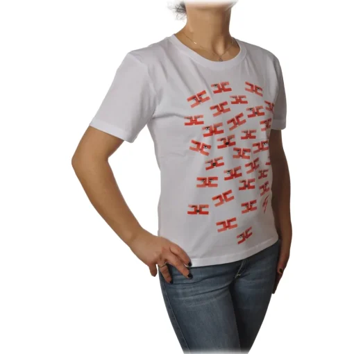 Elisabetta Franchi T-shirt-- Short Sleeve Round Neck T-Shirt Logo - White - T-Shirt - Made in Italy - Luxury Exclusive Collection - Avvenice