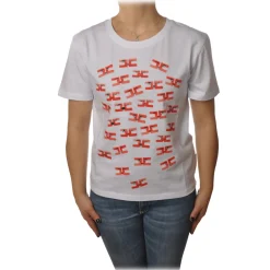 Elisabetta Franchi T-shirt-- Short Sleeve Round Neck T-Shirt Logo - White - T-Shirt - Made in Italy - Luxury Exclusive Collection - Avvenice