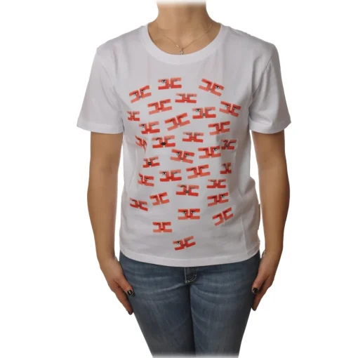 Elisabetta Franchi T-shirt-- Short Sleeve Round Neck T-Shirt Logo - White - T-Shirt - Made in Italy - Luxury Exclusive Collection - Avvenice