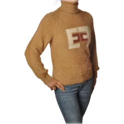 Elisabetta Franchi Knitwears-- Short Sweater High Collar - Champagne Terra - Sweater - Made in Italy - Luxury Exclusive Collection - Avvenice