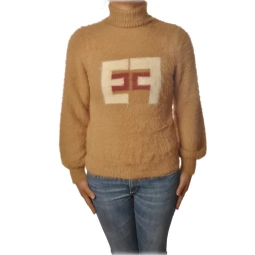 Elisabetta Franchi Knitwears-- Short Sweater High Collar - Champagne Terra - Sweater - Made in Italy - Luxury Exclusive Collection - Avvenice
