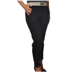 Elisabetta Franchi Trousers-- Sporty Trousers with Logoed Elastic - Black - Trousers - Made in Italy - Luxury Exclusive Collection - Avvenice