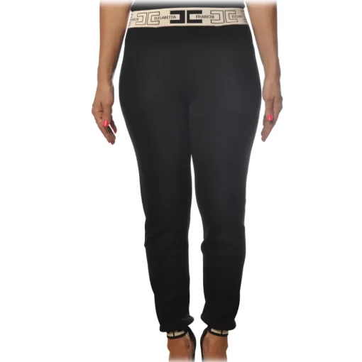 Elisabetta Franchi Trousers-- Sporty Trousers with Logoed Elastic - Black - Trousers - Made in Italy - Luxury Exclusive Collection - Avvenice