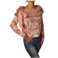 Elisabetta Franchi Knitwears-- Sweater in Pattern with Eco-fur - White/Pink - Pullover - Made in Italy - Luxury Exclusive Collection - Avvenice