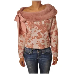 Elisabetta Franchi Knitwears-- Sweater in Pattern with Eco-fur - White/Pink - Pullover - Made in Italy - Luxury Exclusive Collection - Avvenice