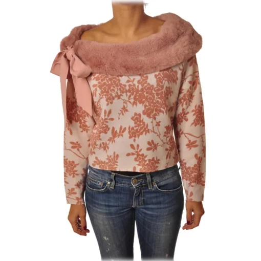 Elisabetta Franchi Knitwears-- Sweater in Pattern with Eco-fur - White/Pink - Pullover - Made in Italy - Luxury Exclusive Collection - Avvenice
