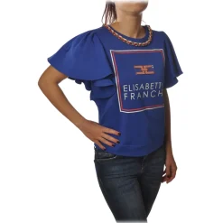 Elisabetta Franchi Sweatshirts-- Sweatshirt with Short Sleeves Logo - Blue - Sweatshirt - Made in Italy - Luxury Exclusive Collection - Avvenice