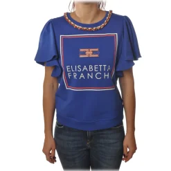 Elisabetta Franchi Sweatshirts-- Sweatshirt with Short Sleeves Logo - Blue - Sweatshirt - Made in Italy - Luxury Exclusive Collection - Avvenice