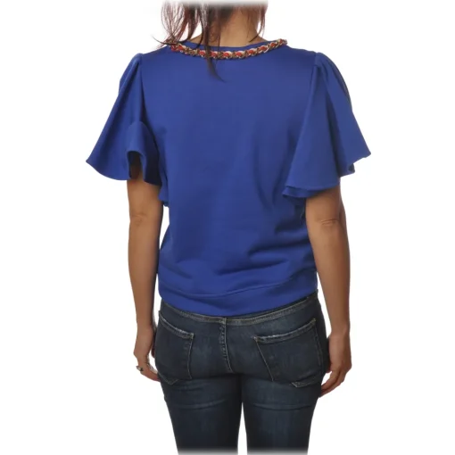 Elisabetta Franchi Sweatshirts-- Sweatshirt with Short Sleeves Logo - Blue - Sweatshirt - Made in Italy - Luxury Exclusive Collection - Avvenice