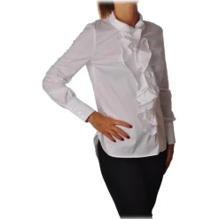 Elisabetta Franchi Shirts-- Tight Shirt with Ruffles - White - Shirt - Made in Italy - Luxury Exclusive Collection - Avvenice