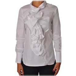 Elisabetta Franchi Shirts-- Tight Shirt with Ruffles - White - Shirt - Made in Italy - Luxury Exclusive Collection - Avvenice
