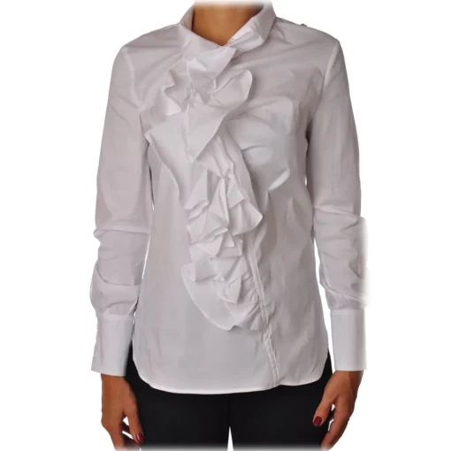 Elisabetta Franchi Shirts-- Tight Shirt with Ruffles - White - Shirt - Made in Italy - Luxury Exclusive Collection - Avvenice