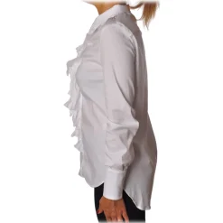 Elisabetta Franchi Shirts-- Tight Shirt with Ruffles - White - Shirt - Made in Italy - Luxury Exclusive Collection - Avvenice