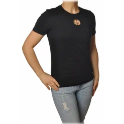 Elisabetta Franchi T-shirt-- T-Shirt with Perforated Metallic Logo - Black - T-Shirt - Made in Italy - Luxury Exclusive Collection - Avvenice
