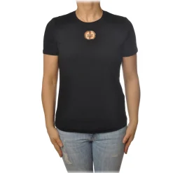 Elisabetta Franchi T-shirt-- T-Shirt with Perforated Metallic Logo - Black - T-Shirt - Made in Italy - Luxury Exclusive Collection - Avvenice