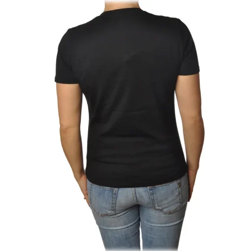 Elisabetta Franchi T-shirt-- T-Shirt with Perforated Metallic Logo - Black - T-Shirt - Made in Italy - Luxury Exclusive Collection - Avvenice