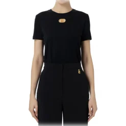 Elisabetta Franchi T-shirt-- T-Shirt with Metal Logo Application - Black - T-Shirt - Made in Italy - Luxury Exclusive Collection - Avvenice