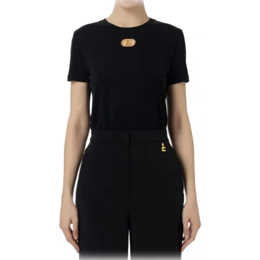Elisabetta Franchi T-shirt-- T-Shirt with Metal Logo Application - Black - T-Shirt - Made in Italy - Luxury Exclusive Collection - Avvenice