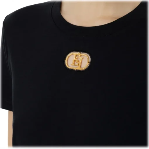 Elisabetta Franchi T-shirt-- T-Shirt with Metal Logo Application - Black - T-Shirt - Made in Italy - Luxury Exclusive Collection - Avvenice