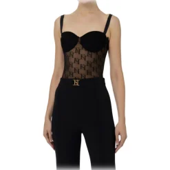 Elisabetta Franchi Tops-- Tulle Bodice Top with Logos - Black - Top - Made in Italy - Luxury Exclusive Collection - Avvenice