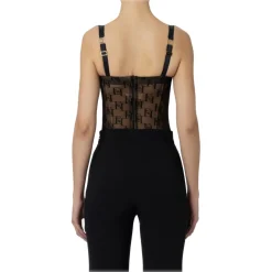 Elisabetta Franchi Tops-- Tulle Bodice Top with Logos - Black - Top - Made in Italy - Luxury Exclusive Collection - Avvenice