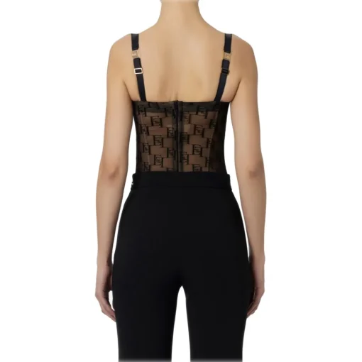 Elisabetta Franchi Tops-- Tulle Bodice Top with Logos - Black - Top - Made in Italy - Luxury Exclusive Collection - Avvenice