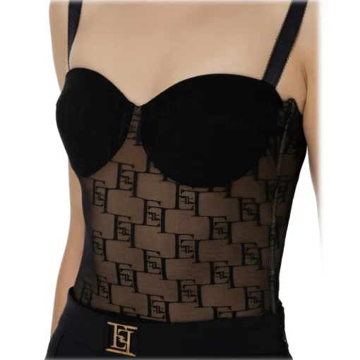 Elisabetta Franchi Tops-- Tulle Bodice Top with Logos - Black - Top - Made in Italy - Luxury Exclusive Collection - Avvenice